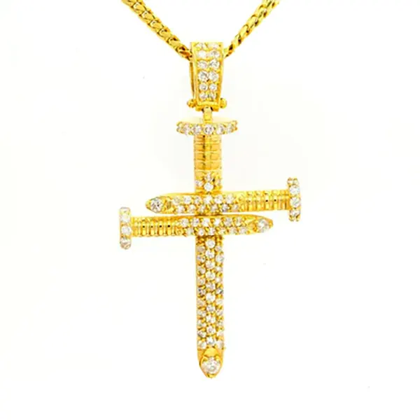 yellow gold round cut pave set diamond nail cross pendant
