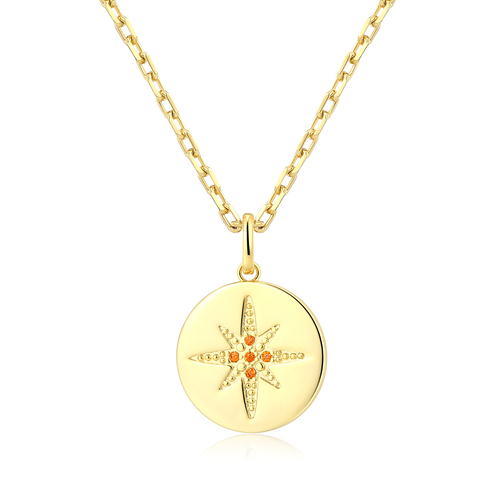 Orange CZ Pendant Brass Necklace