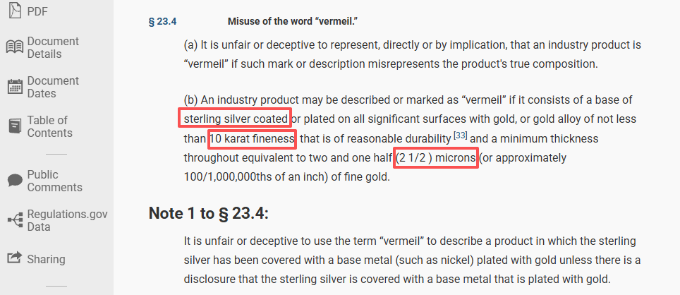  U.S Federal Trade Commission (FTC) gold vermeil regulation